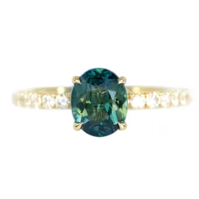 1.34ct Green Oval Parti Sapphire Solitaire with French Set Diamonds in Yellow Gold