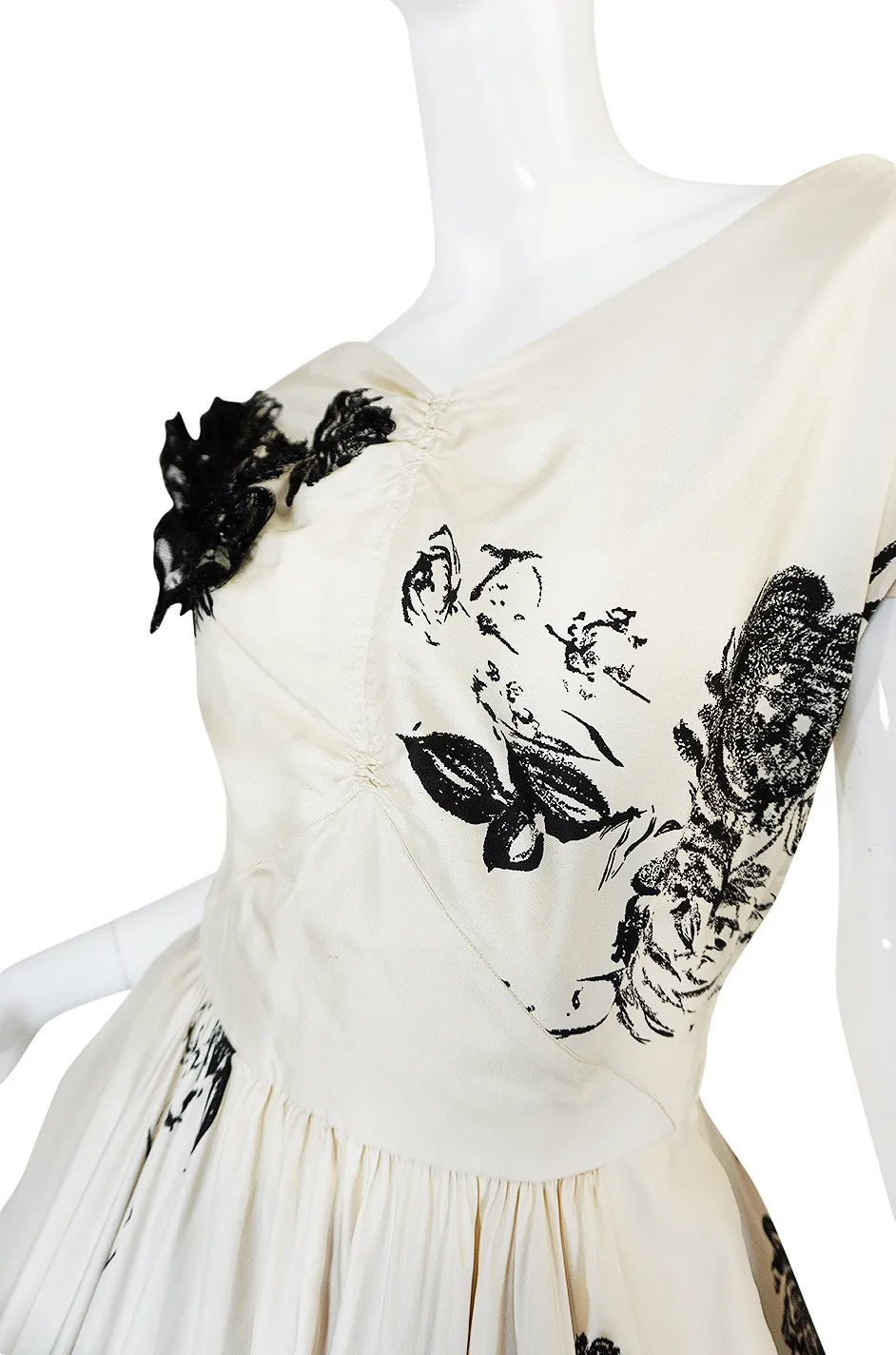 1950s Cream Silk Twill Dress with Applique & Black Rose Print