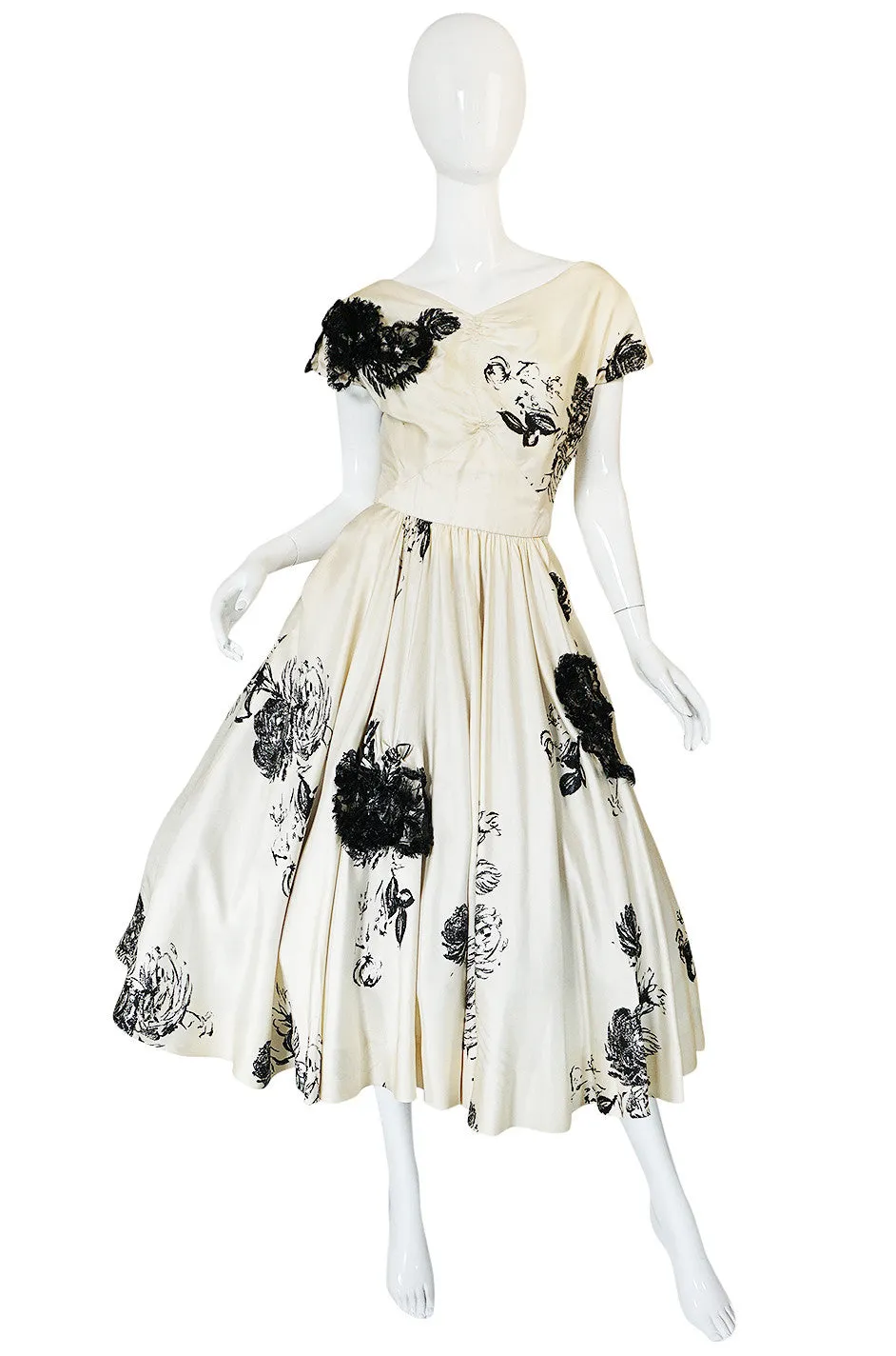 1950s Cream Silk Twill Dress with Applique & Black Rose Print