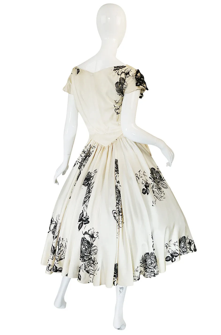 1950s Cream Silk Twill Dress with Applique & Black Rose Print