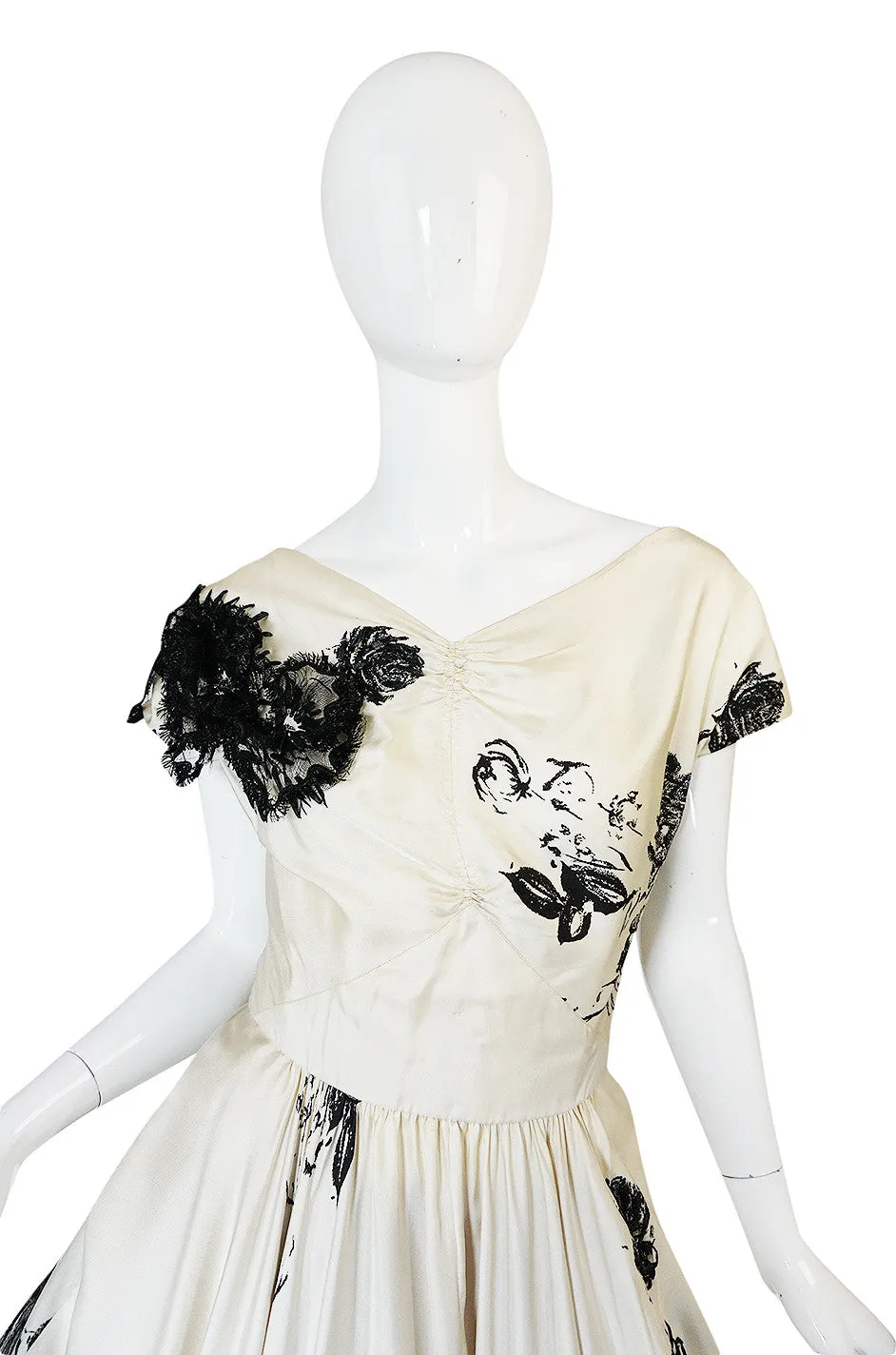 1950s Cream Silk Twill Dress with Applique & Black Rose Print