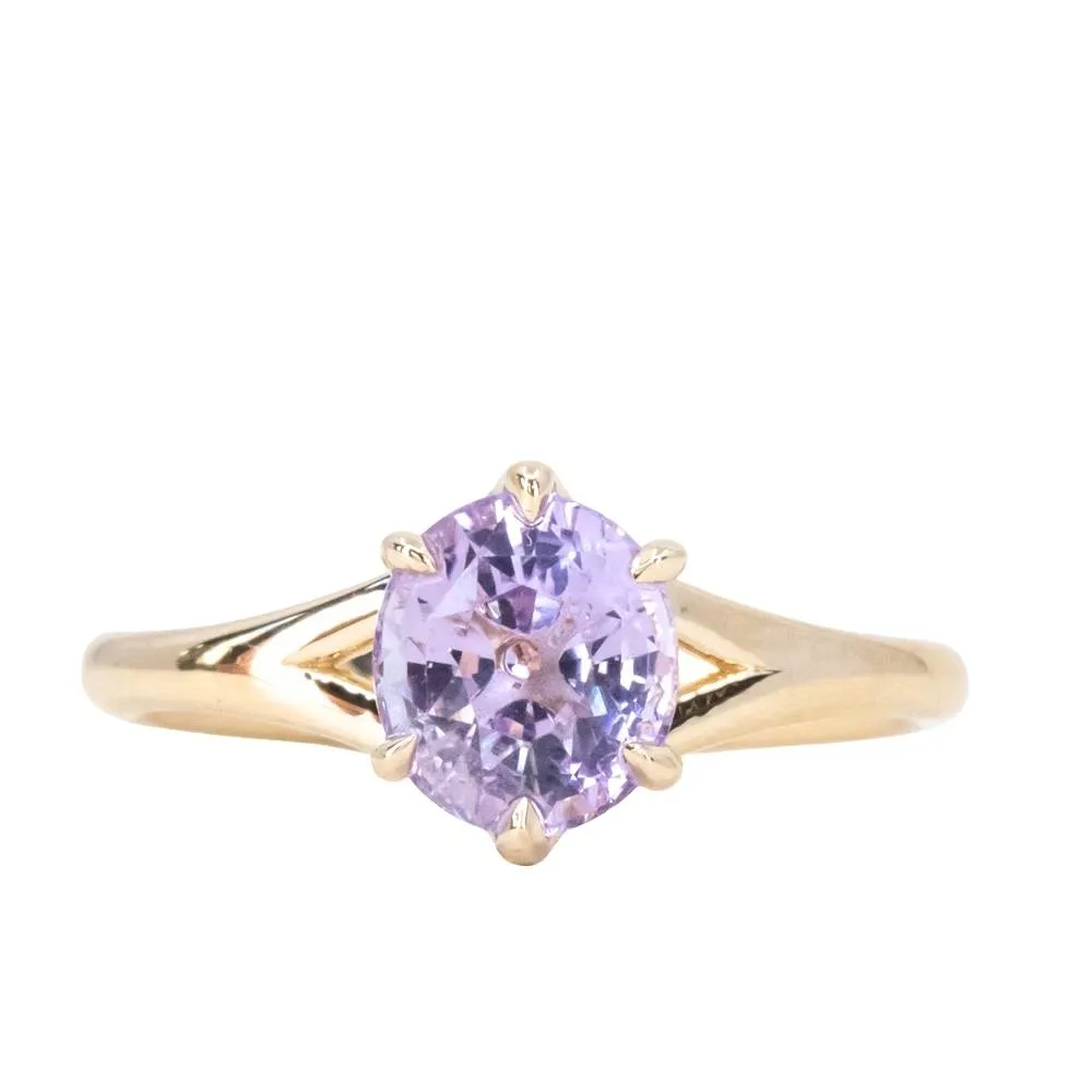 2.0ct Oval Lavender Sri Lankan Oval Sapphire Low Profile Six Prong Split Shank Solitaire in 14k Yellow Gold