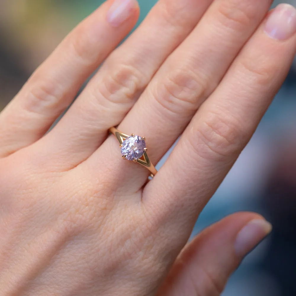 2.0ct Oval Lavender Sri Lankan Oval Sapphire Low Profile Six Prong Split Shank Solitaire in 14k Yellow Gold