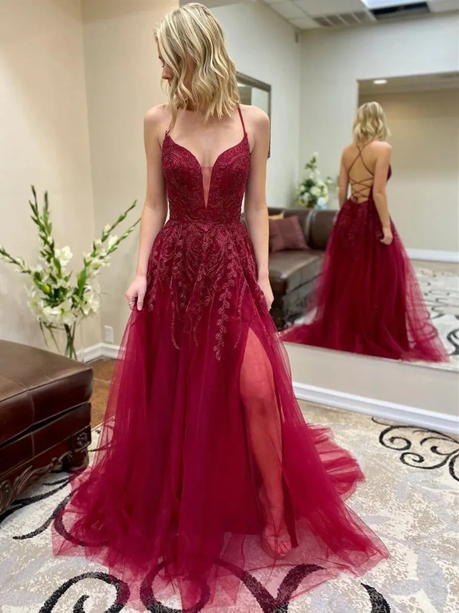 A Line V Neck Backless Lace Long Burgundy Prom Dresses with Leg Slit, Backless Burgundy Lace Formal Dresses, Burgundy Lace Evening Dresses