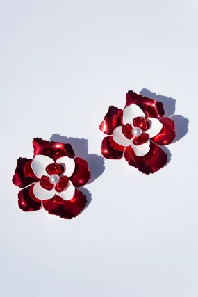 Allegra Floral Pearl Contrast Trim Enamel Coated Earrings - Red