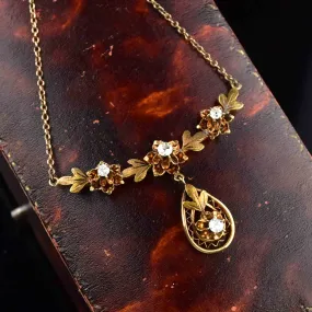 Antique Edwardian 10K Gold Diamond Floral Necklace