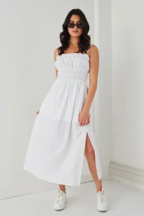 Arcadia White Cotton Gathered Tie Strap Midi Dress