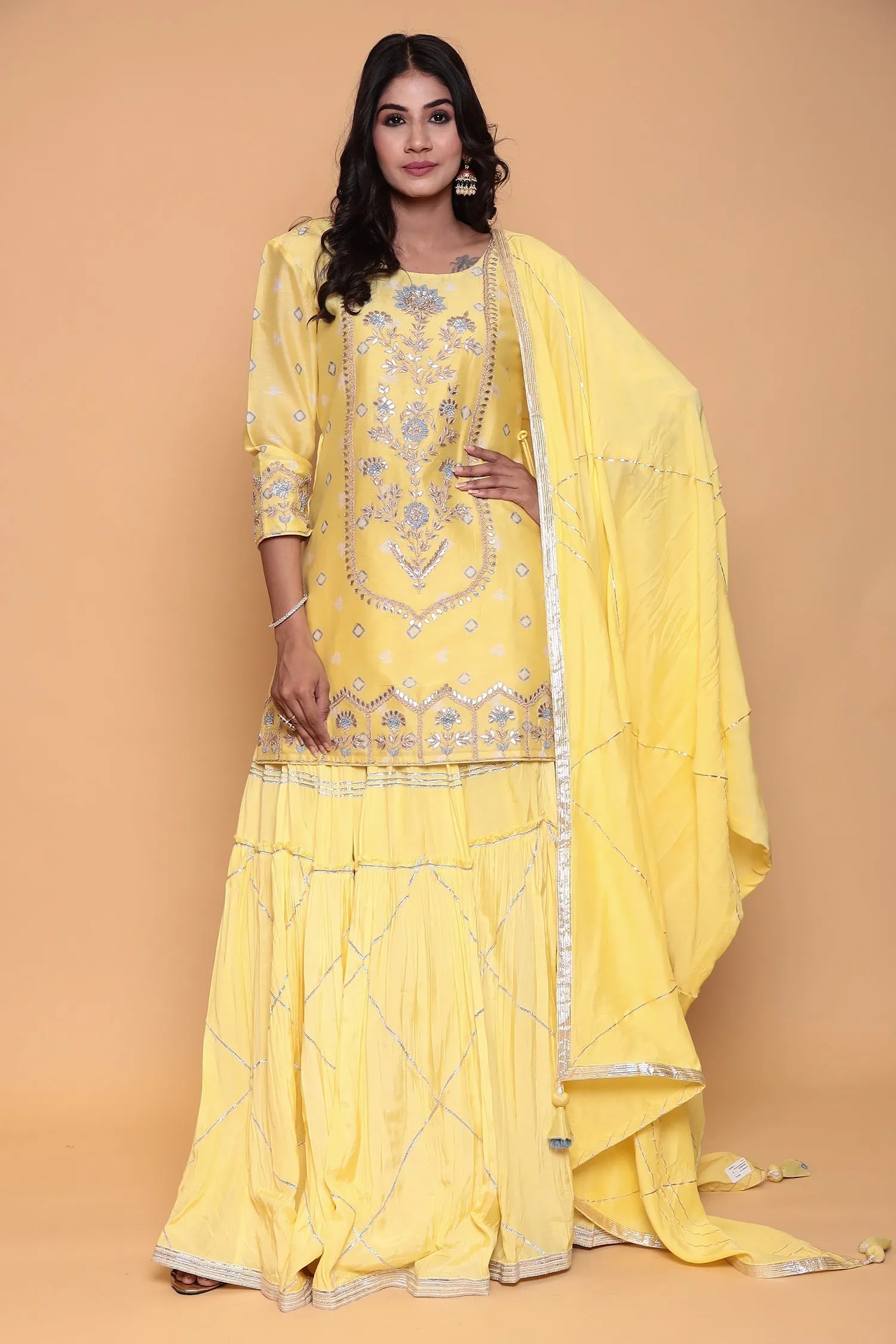 Bandhej Cotton Silk Suit with Gota Patti, Thread work.