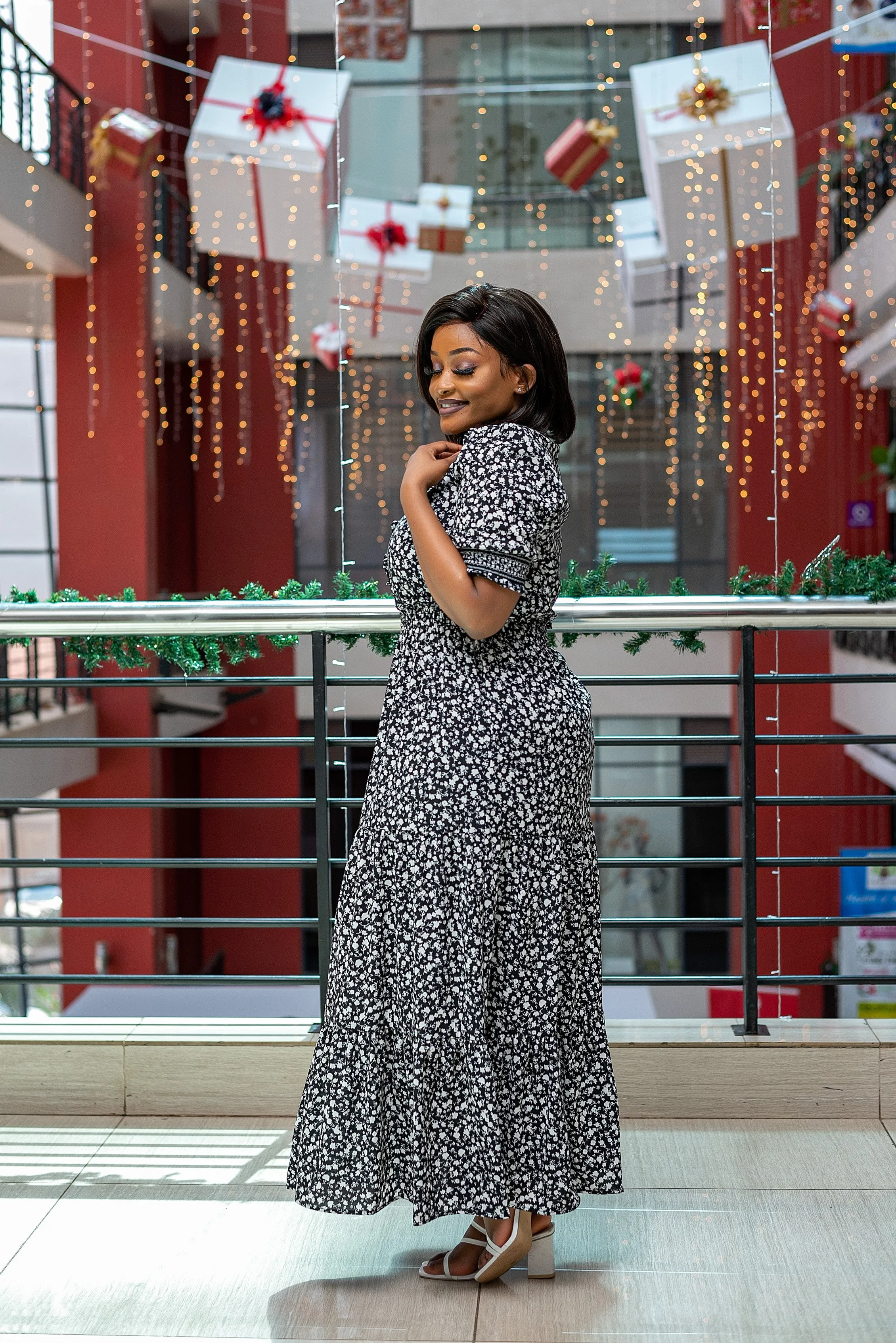 Black white floral maxi dress