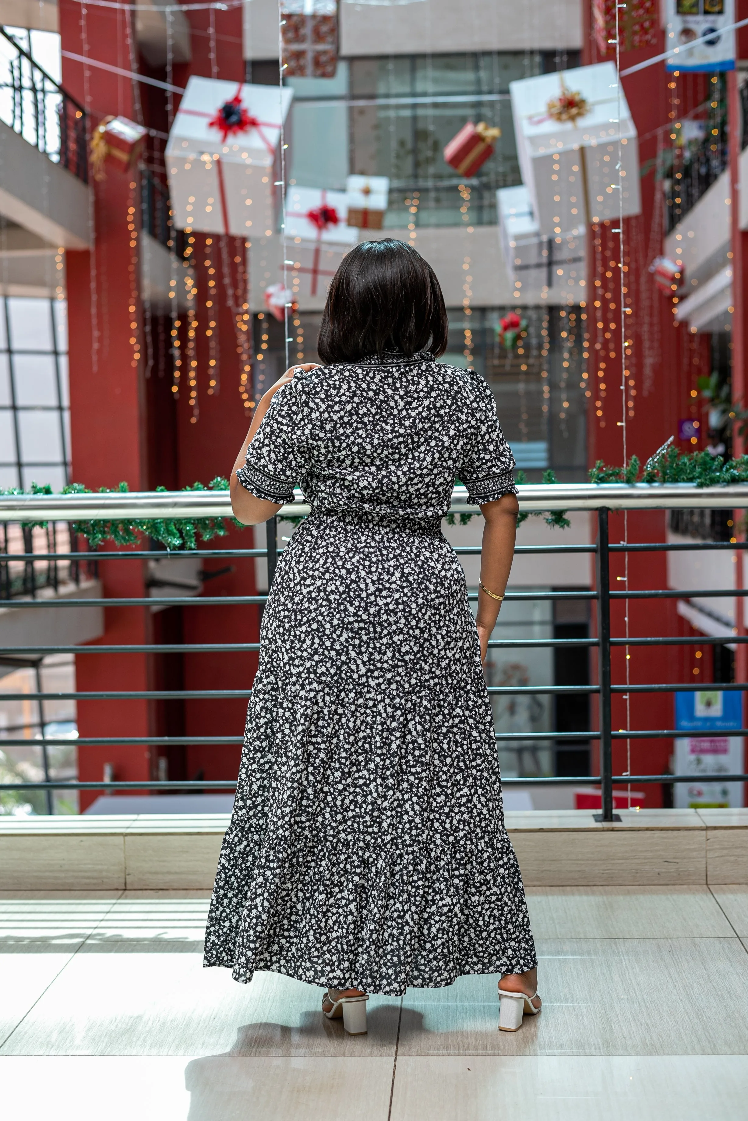 Black white floral maxi dress