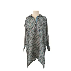 Blocked Grey and Blue Moth Print Collared Kurta | Gently Used |