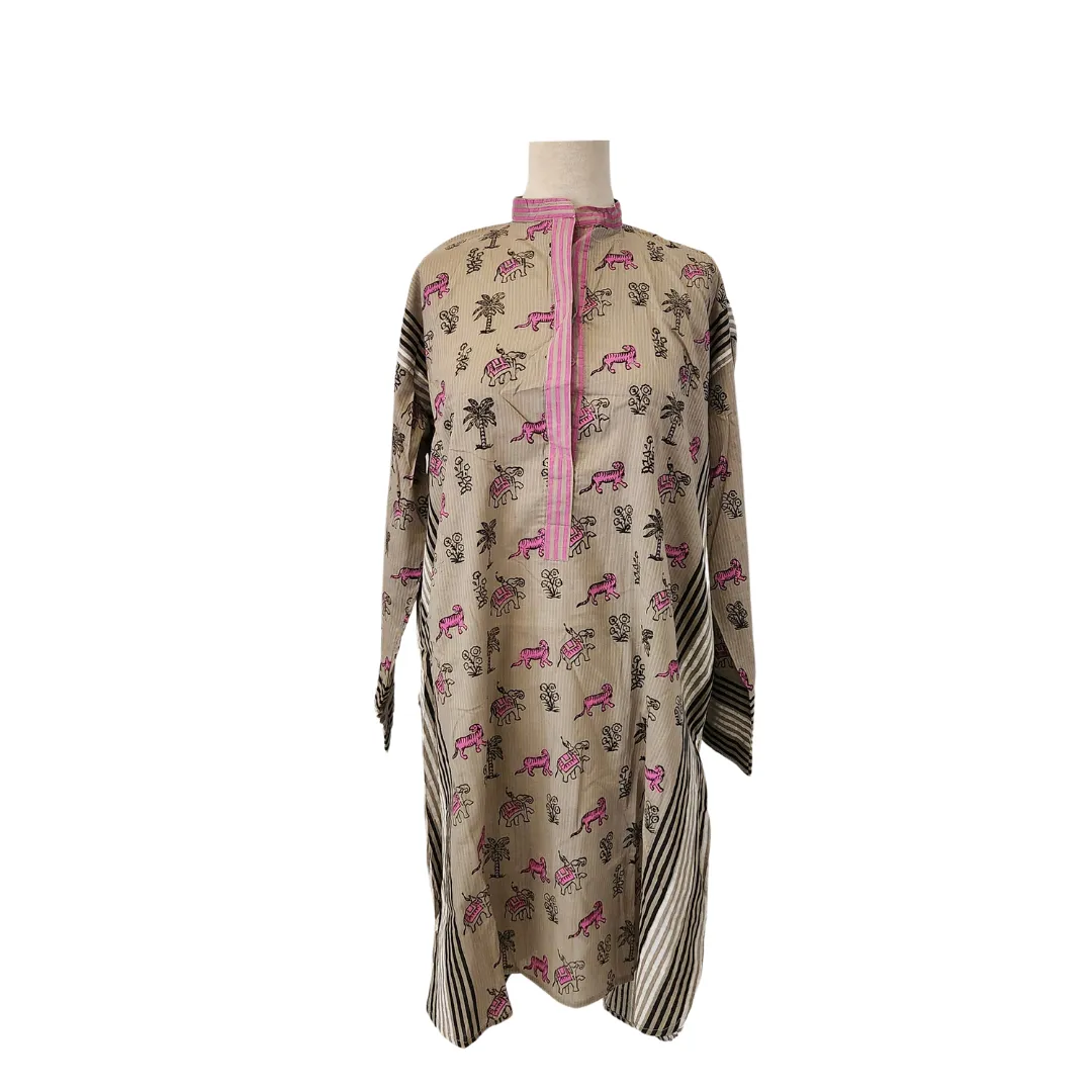 Blocked Light Brown and Pink Elephant Print Kurta | Gently Used |