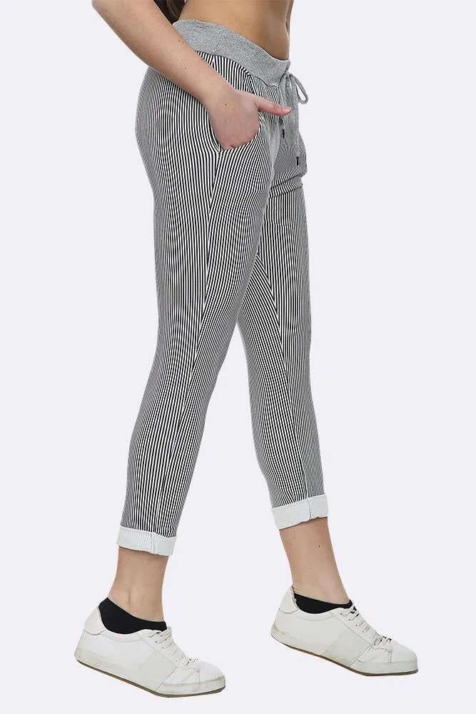 Cotton Stripe Print Foldover Hem Lined Trouser