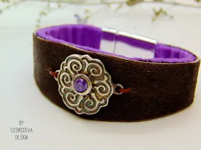 Cowhide Fur Cuff Leather Bracelet Sterling Silver Celtic Disc With Amethyst, US Size 7