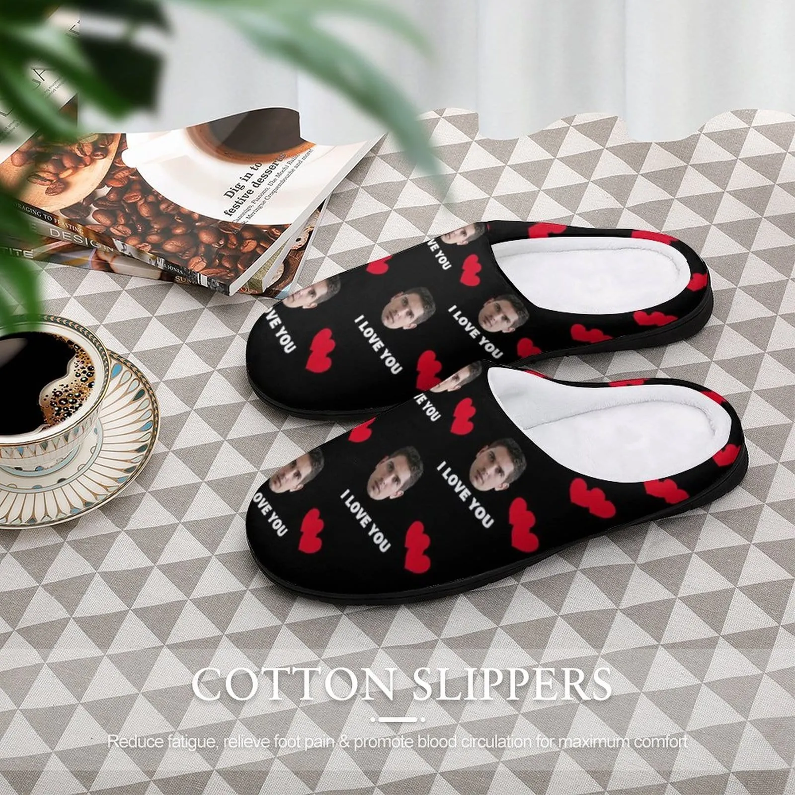 Custom Face Love Heart All Over Print Cotton Slippers For Men Women