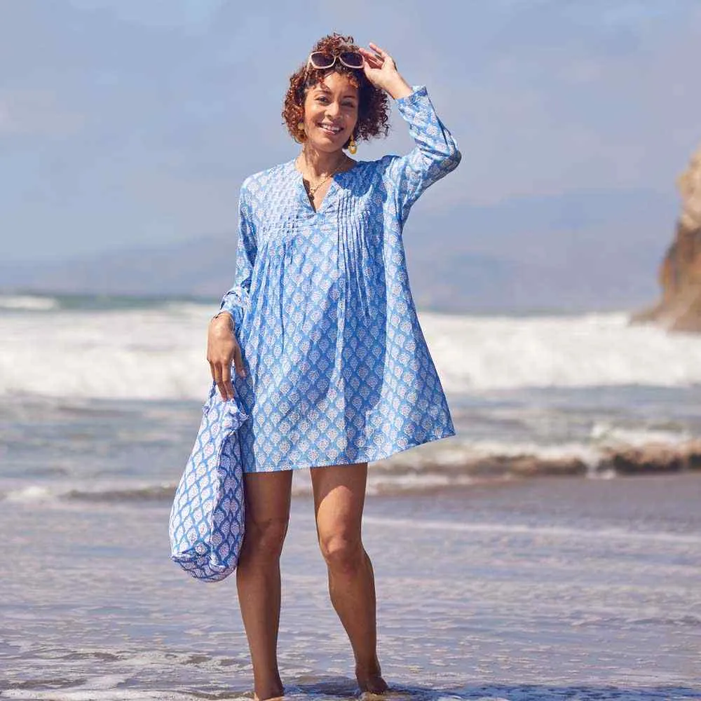 Fifer Blue blu Cotton Pintuck Beach Coverup