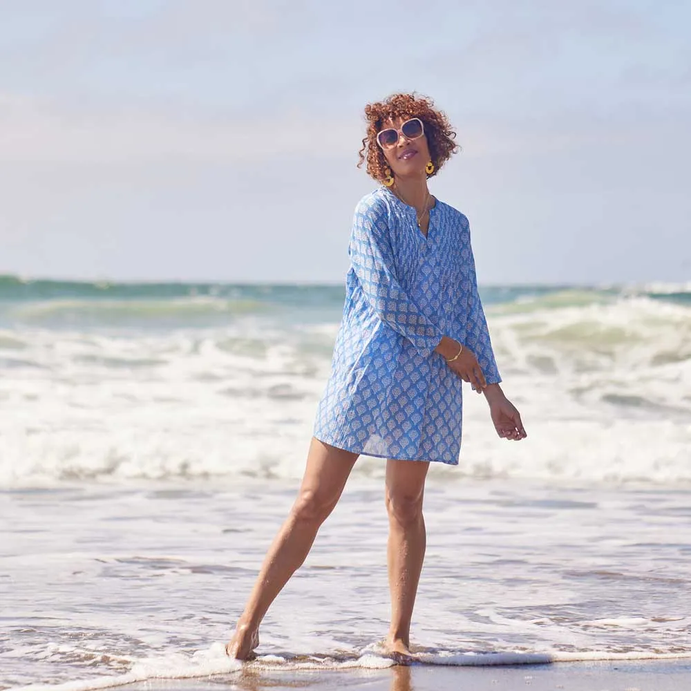 Fifer Blue blu Cotton Pintuck Beach Coverup