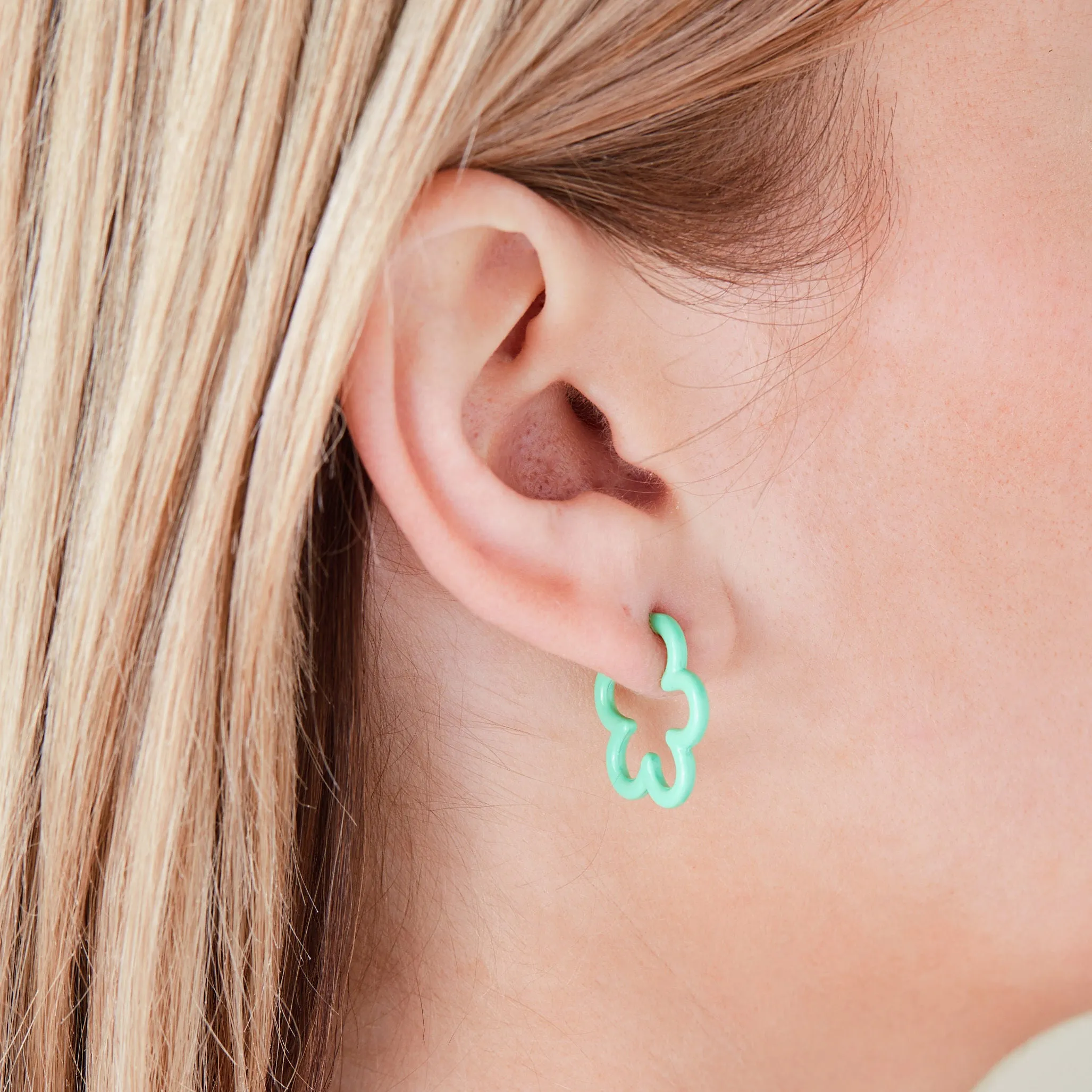 Floral Huggie Hoop Earrings, Mint Green