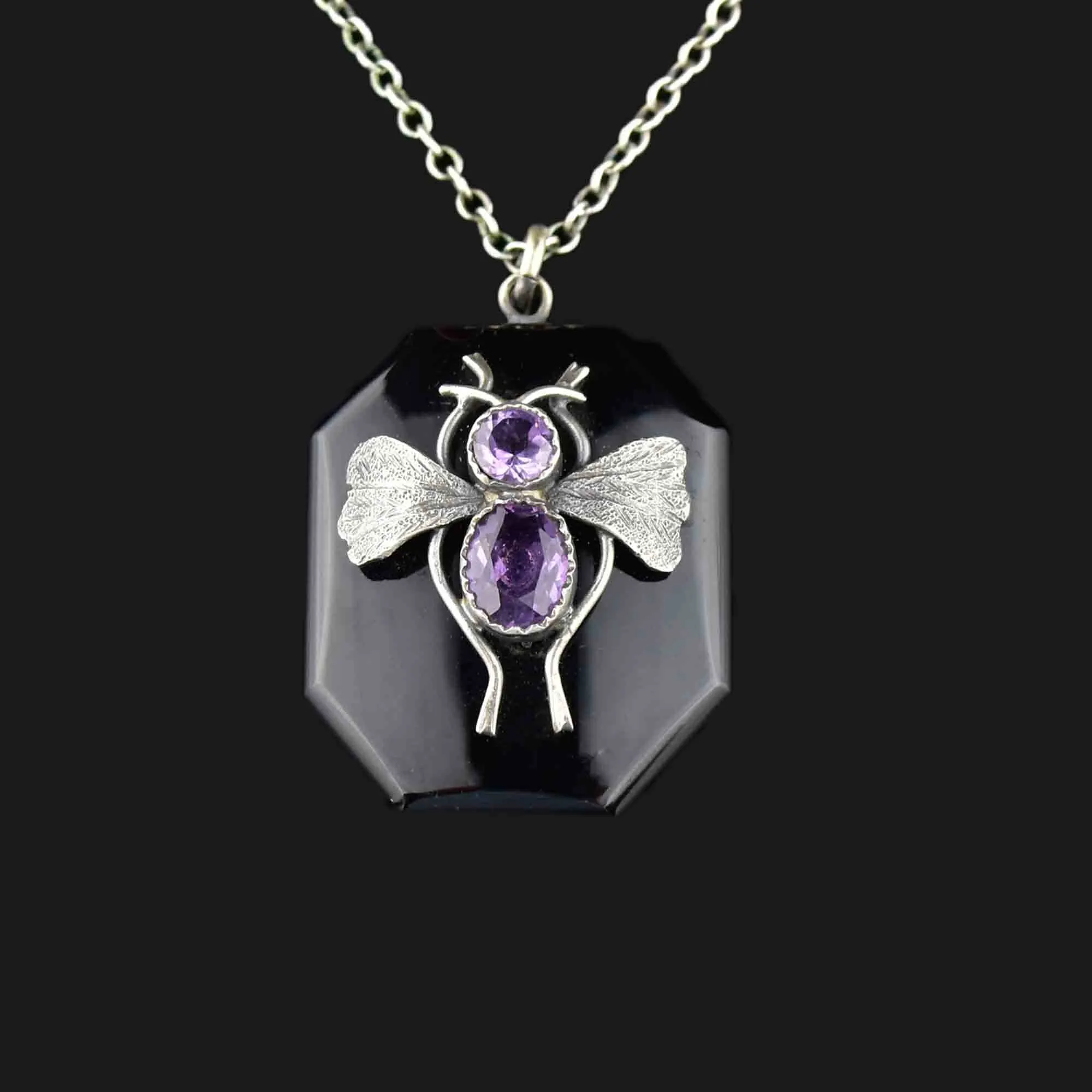 French Jet Silver Amethyst Bug Locket Necklace