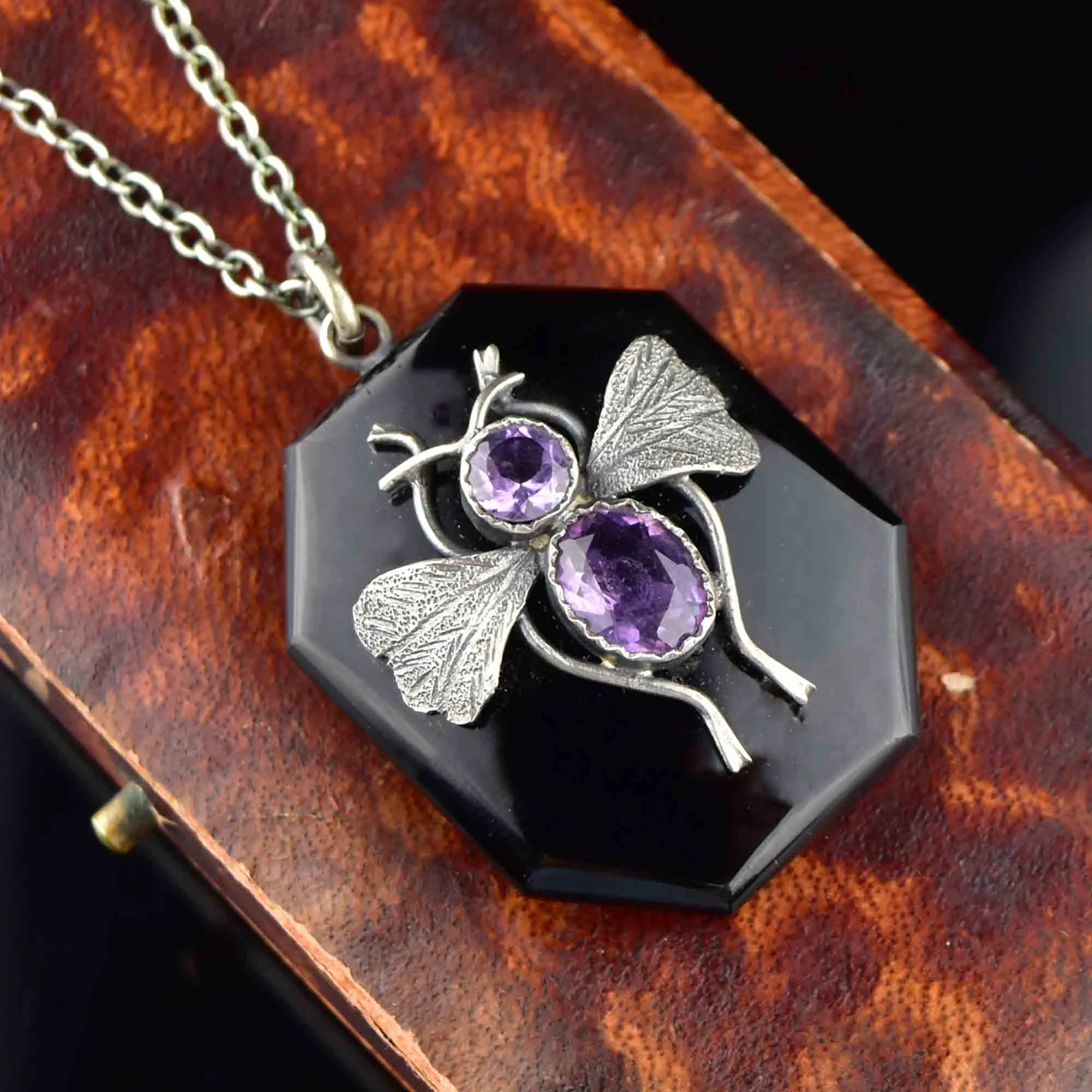 French Jet Silver Amethyst Bug Locket Necklace