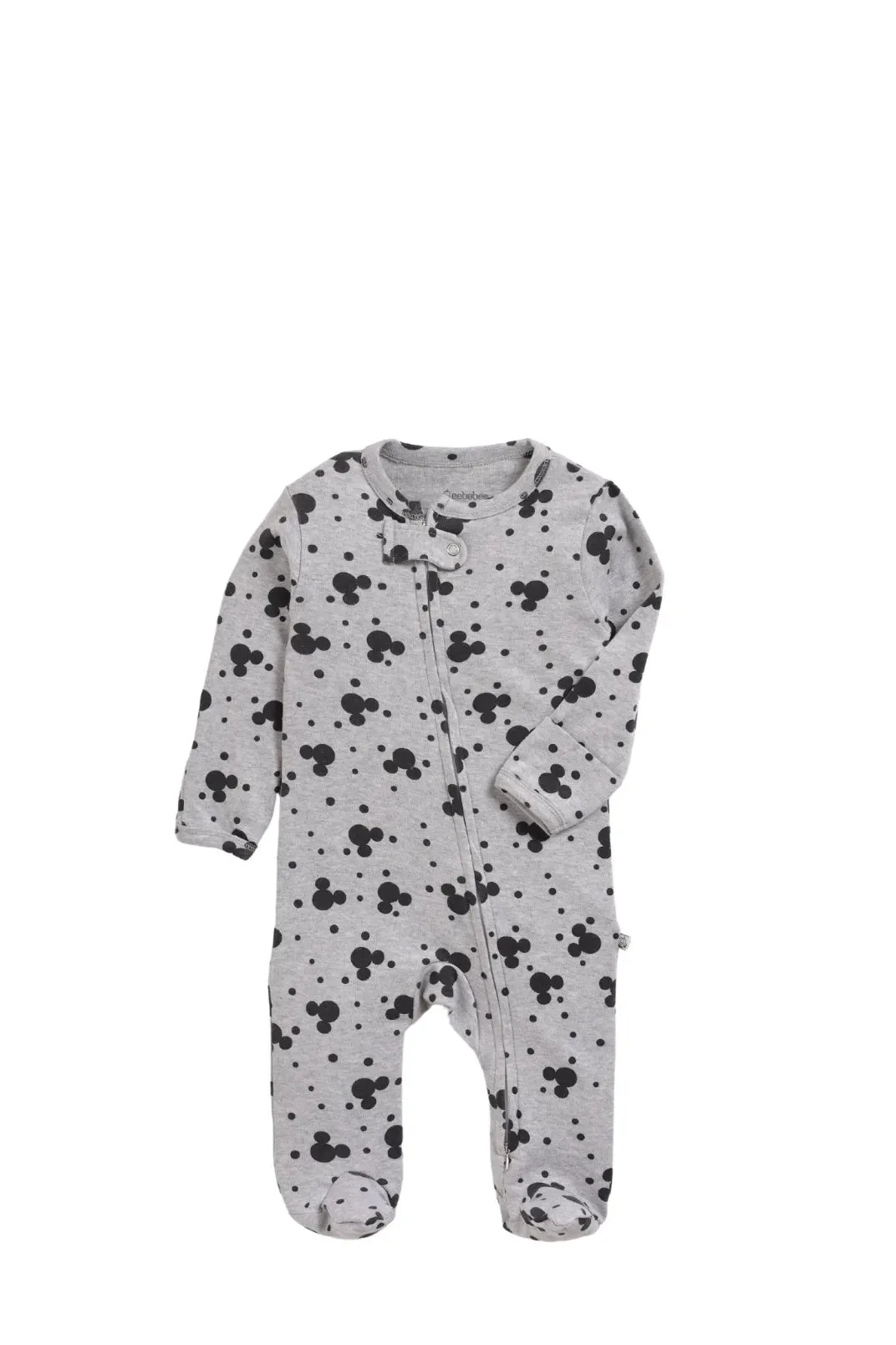 Full sleeve mickey mouse pattern in grey zipper sleepsuit with cap  for baby