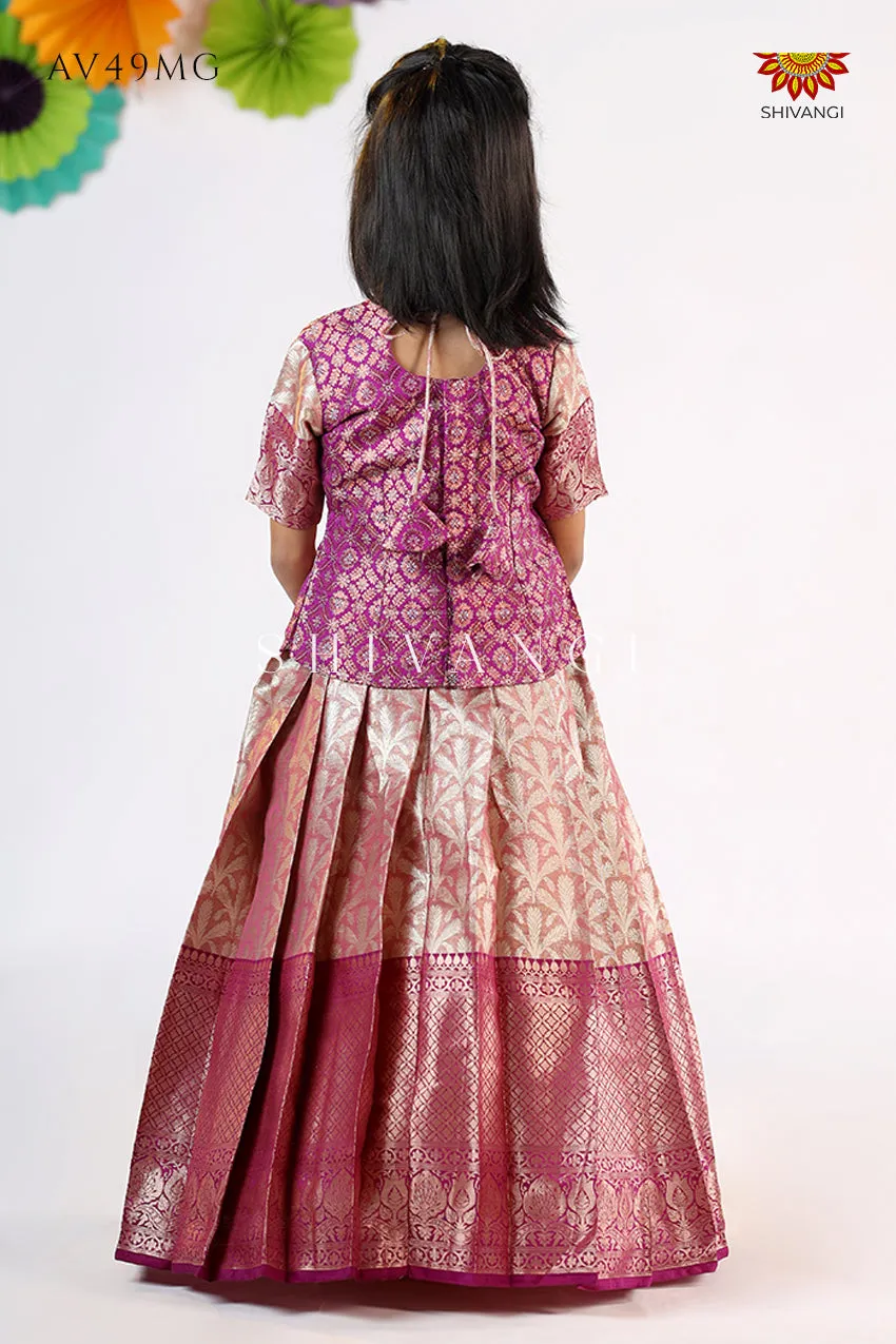 Girls Magenta Tissue Coconut Pattu Pavadai - Festive Wear