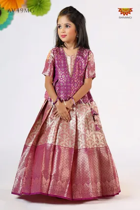 Girls Magenta Tissue Coconut Pattu Pavadai - Festive Wear