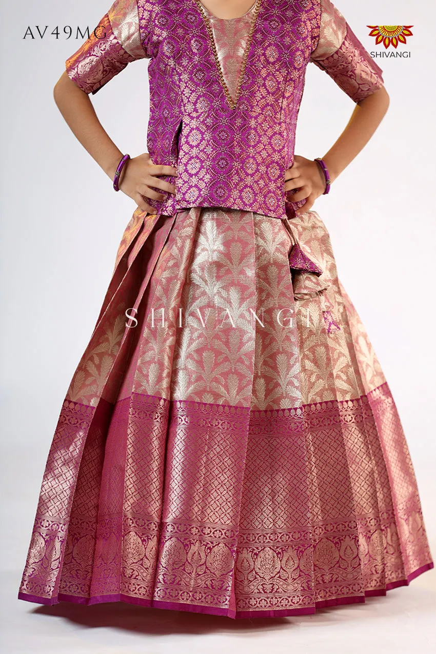 Girls Magenta Tissue Coconut Pattu Pavadai - Festive Wear