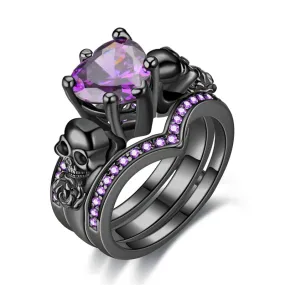 Gothic Skull Amethyst Heart Ring Set