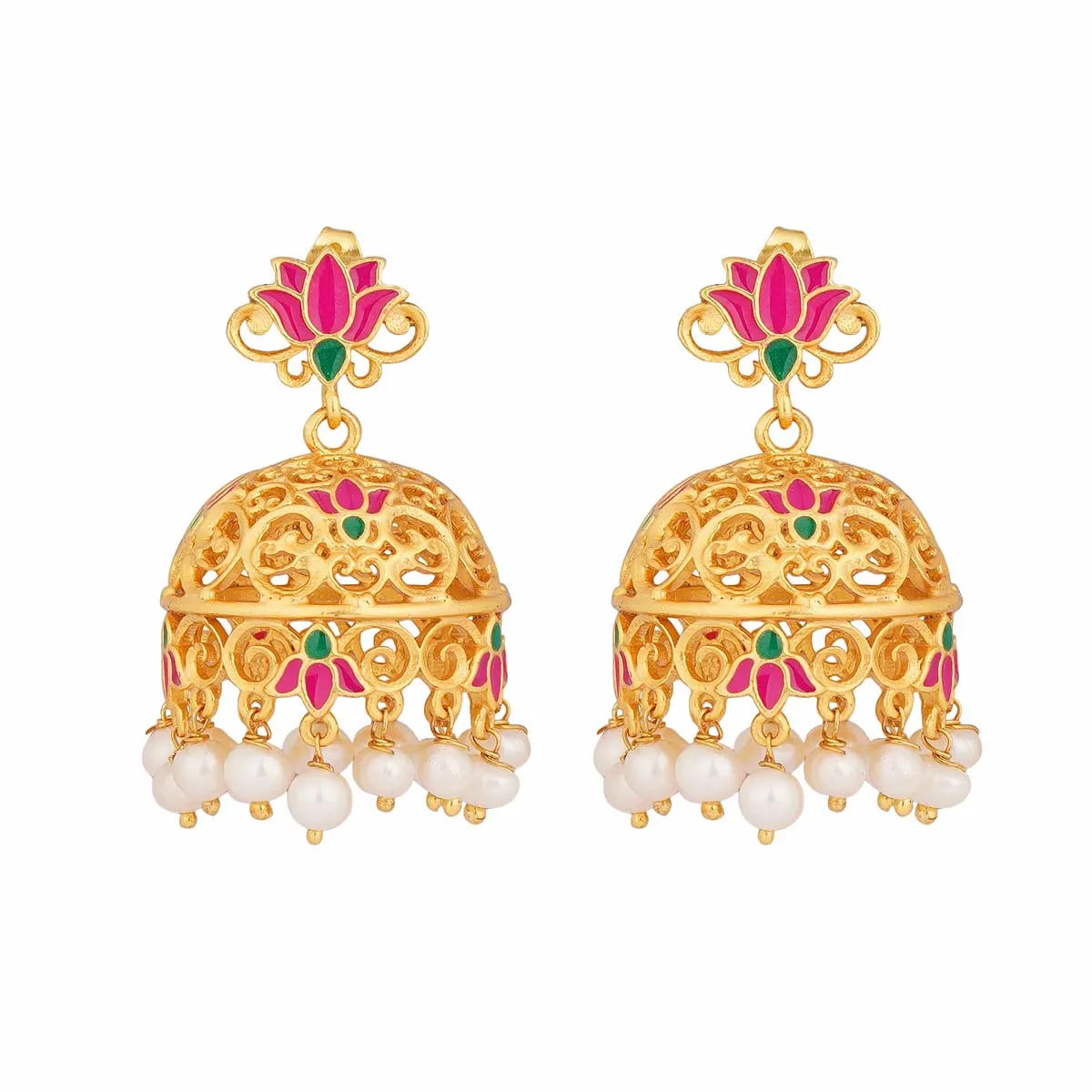 Gul Lotus Jhumkas in Pink Enamel