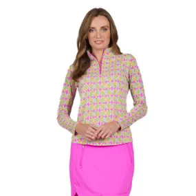 IBKUL Chantal Long Sleeve Zip Mock Neck Top - Hot Pink/Lime