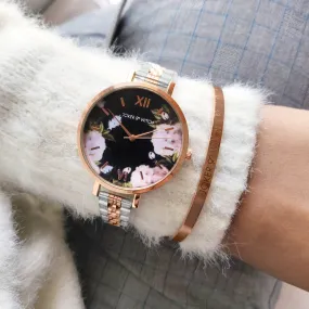 Jade Floral Dial Rosegold Watch Bracelet Stack