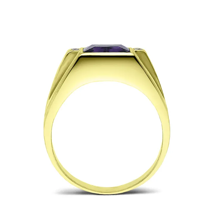 Men Ring 18K Real Yellow Fine Gold Purple Amethyst with 4 Natural Diamond Accent