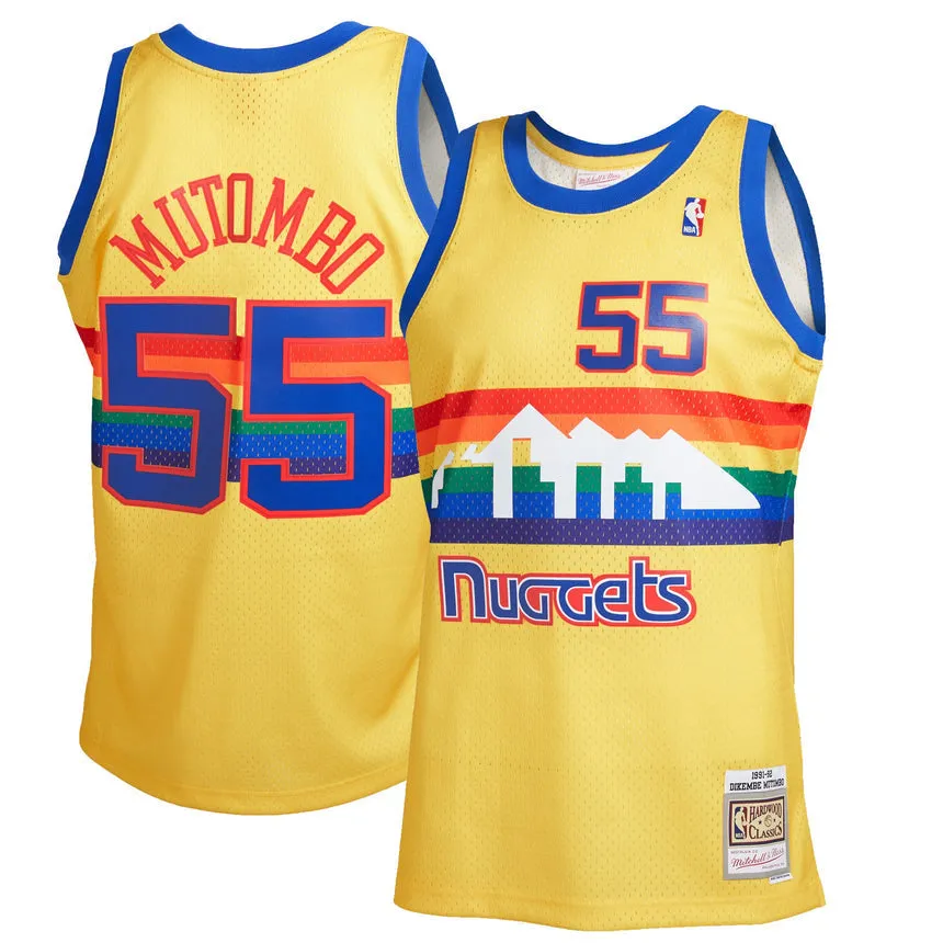 Men's Denver Nuggets Dikembe Mutombo Mitchell & Ness Gold Hardwood Classics Reload 2.0 Swingman Jersey