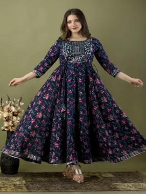 Navy Blue Cotton Heavy Flared Anarkali Gown 1pc