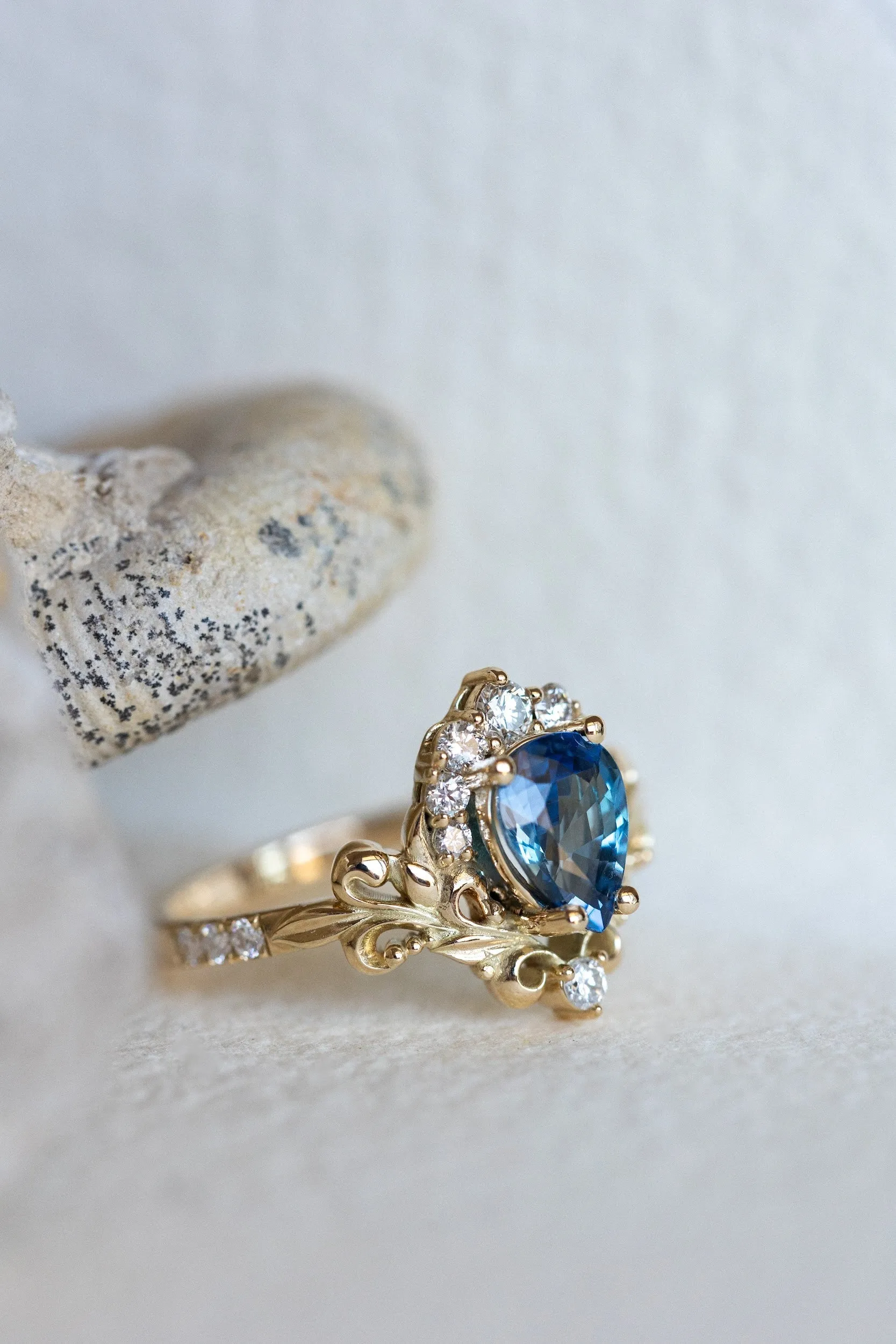 READY TO SHIP: Sophie ring in 14K yellow gold, natural blue sapphire pear cut 8x6 mm, accent natural diamonds, AVAILABLE RING SIZES: 6-8US