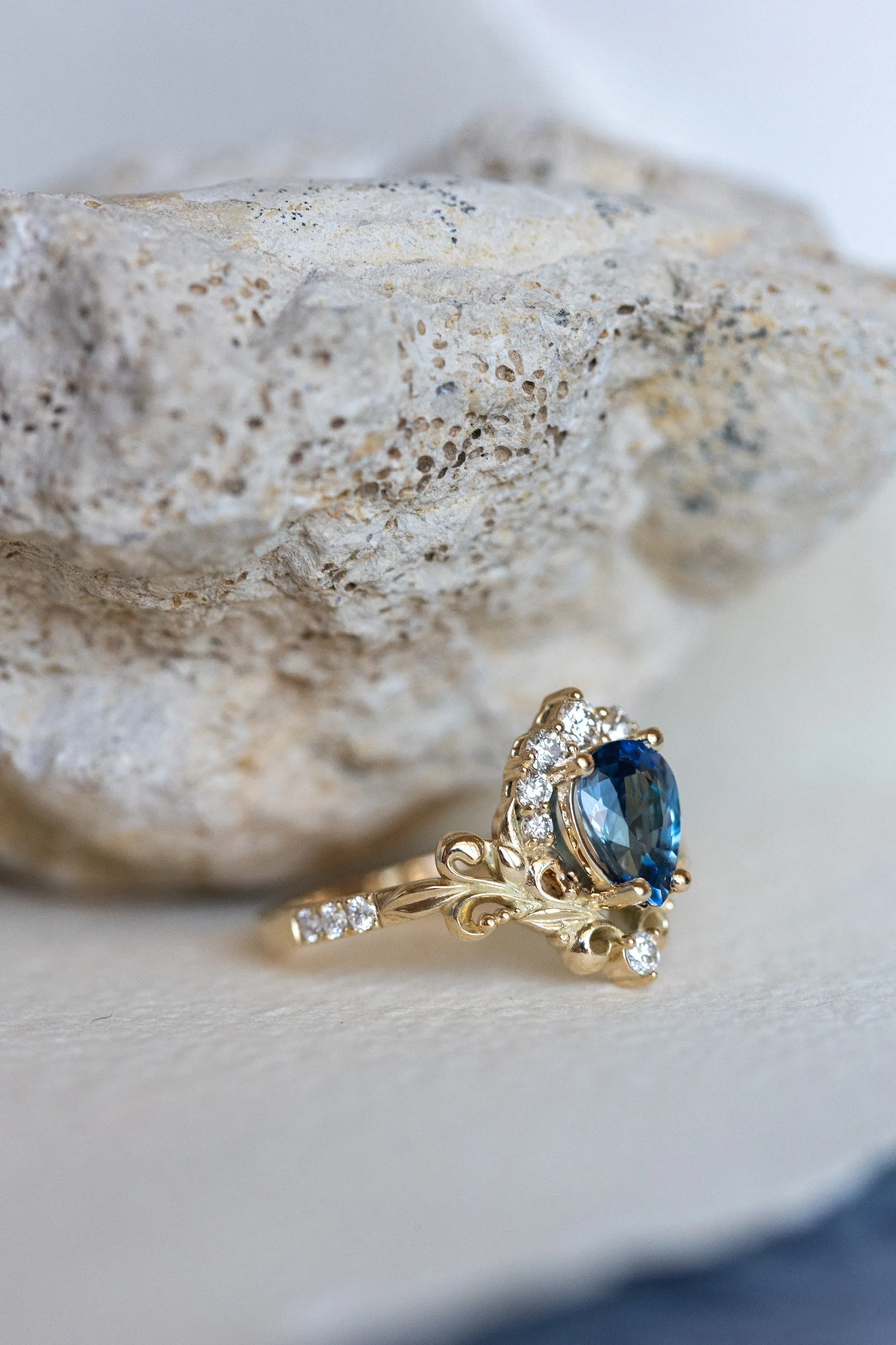 READY TO SHIP: Sophie ring in 14K yellow gold, natural blue sapphire pear cut 8x6 mm, accent natural diamonds, AVAILABLE RING SIZES: 6-8US