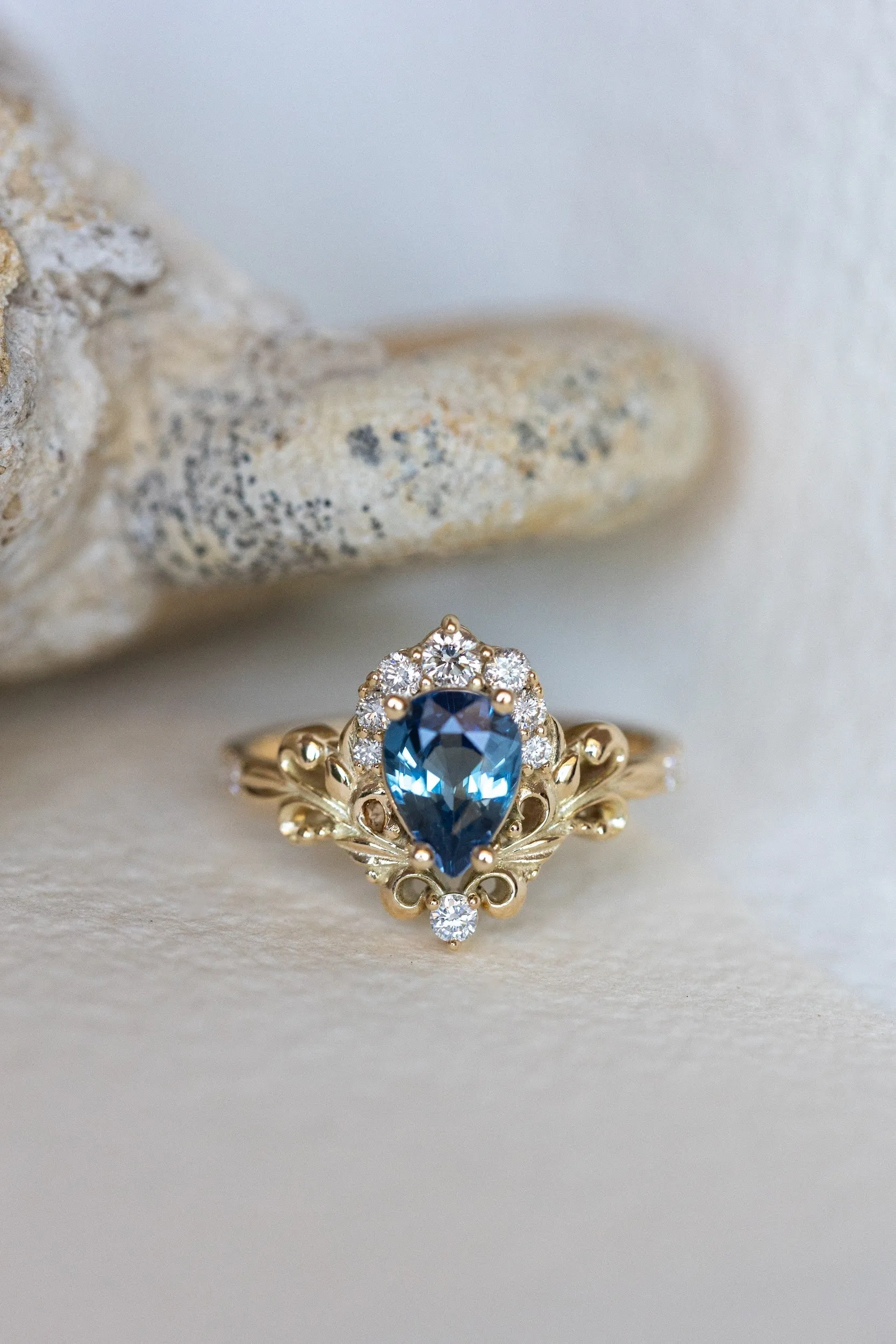 READY TO SHIP: Sophie ring in 14K yellow gold, natural blue sapphire pear cut 8x6 mm, accent natural diamonds, AVAILABLE RING SIZES: 6-8US