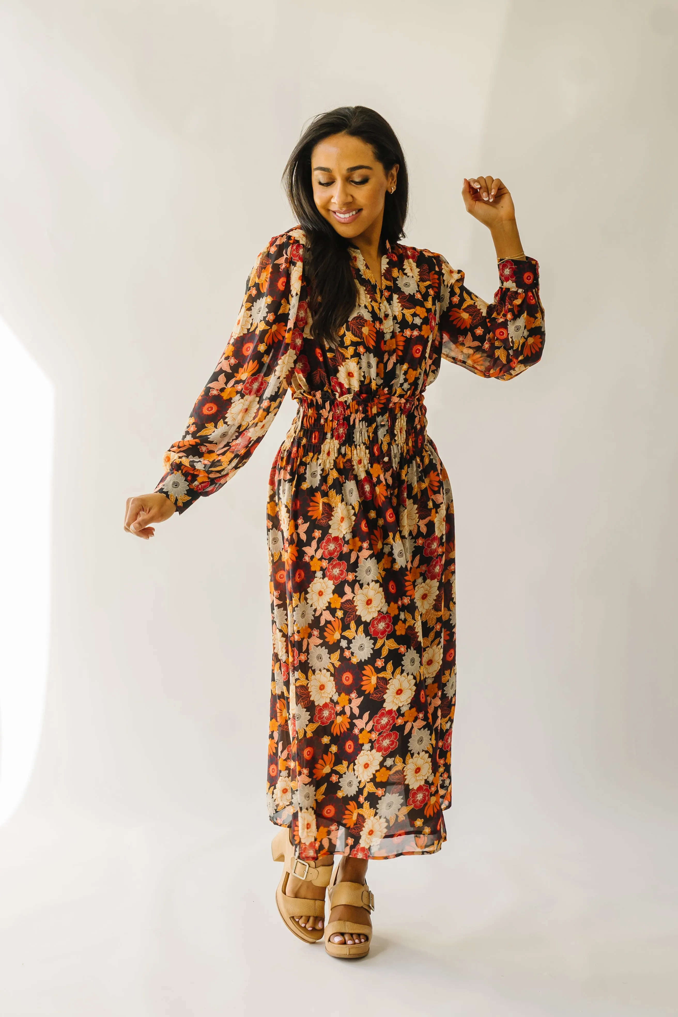 The Arvada Floral Midi Dress in Midnight Bloom