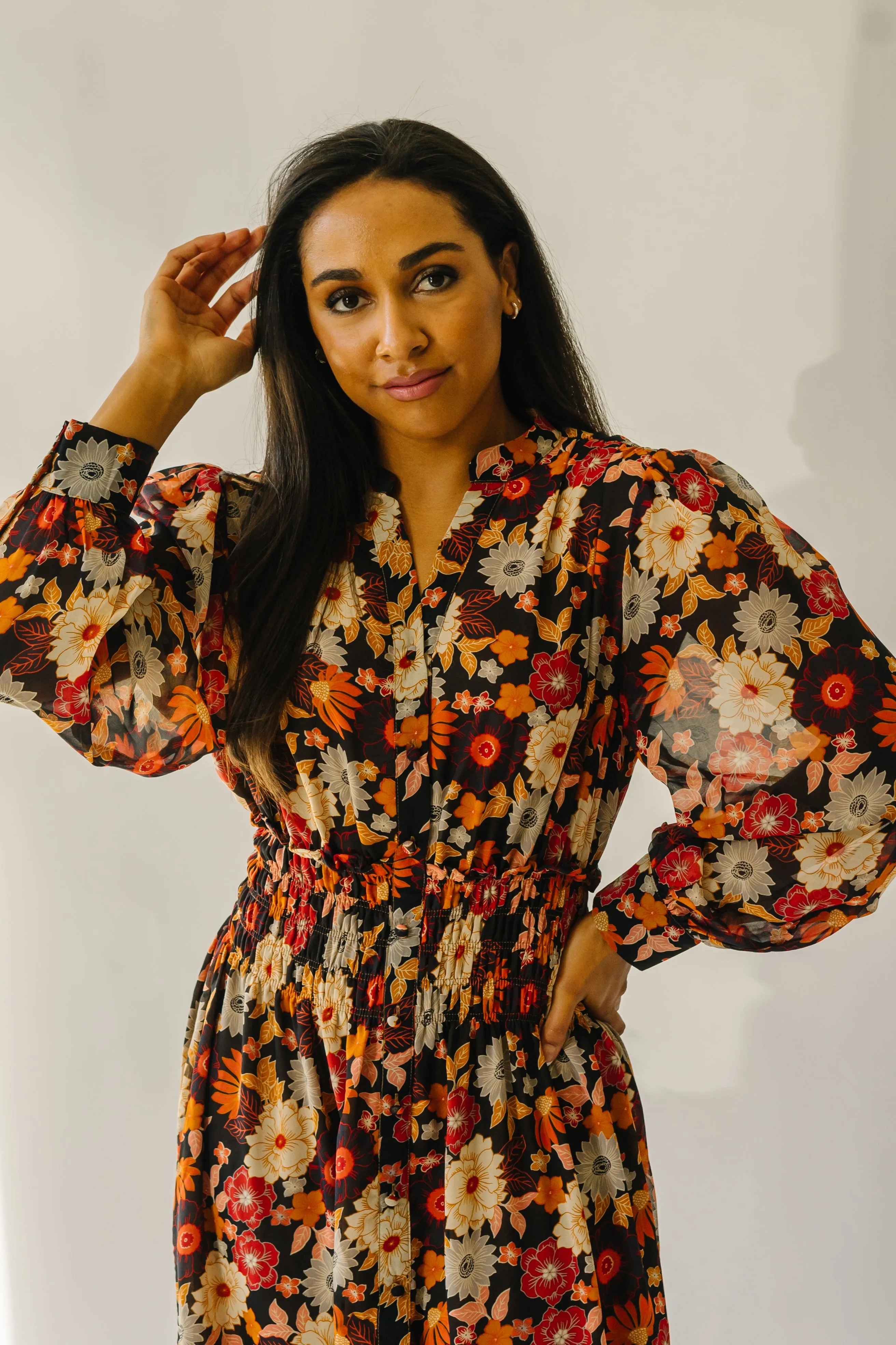 The Arvada Floral Midi Dress in Midnight Bloom