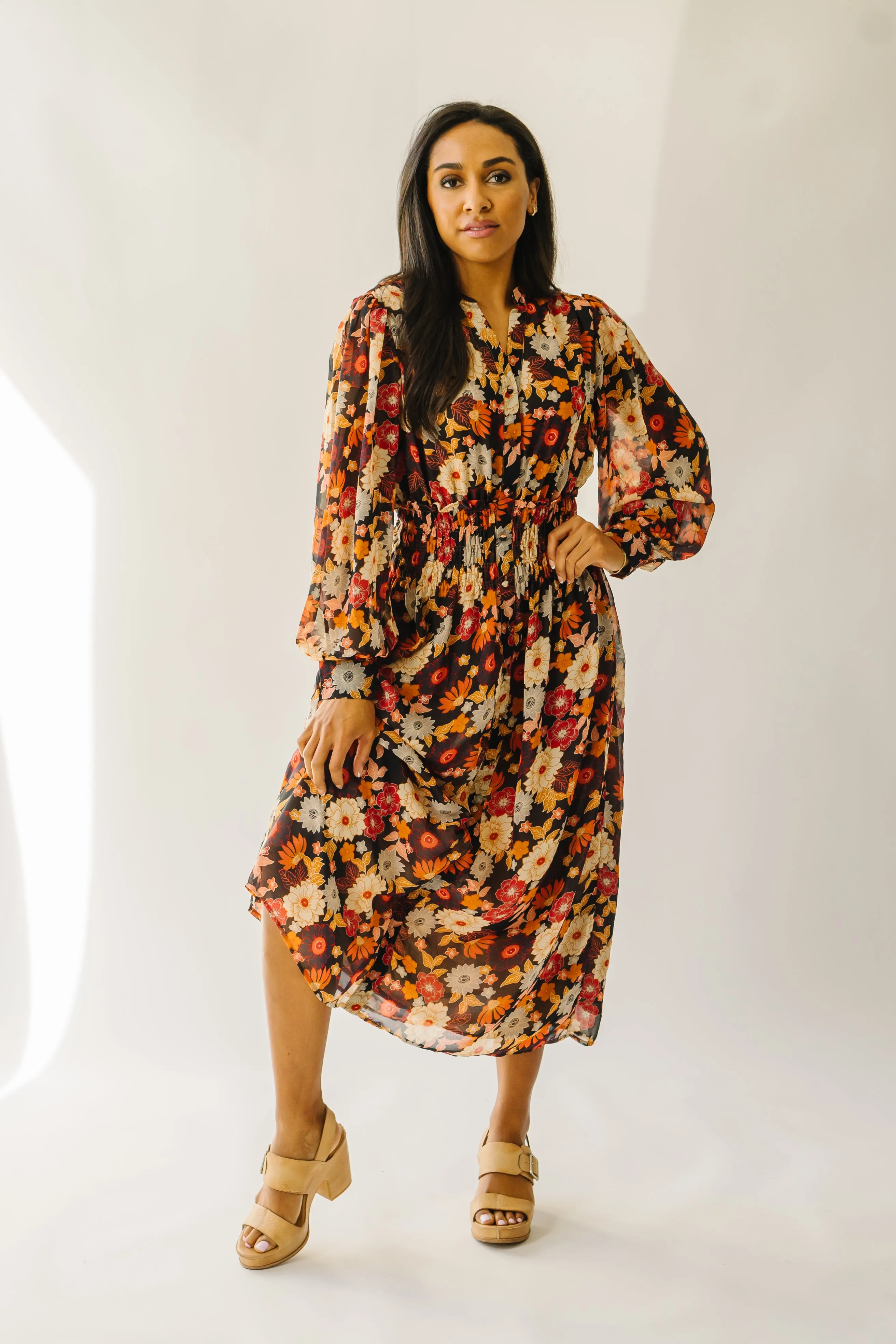 The Arvada Floral Midi Dress in Midnight Bloom