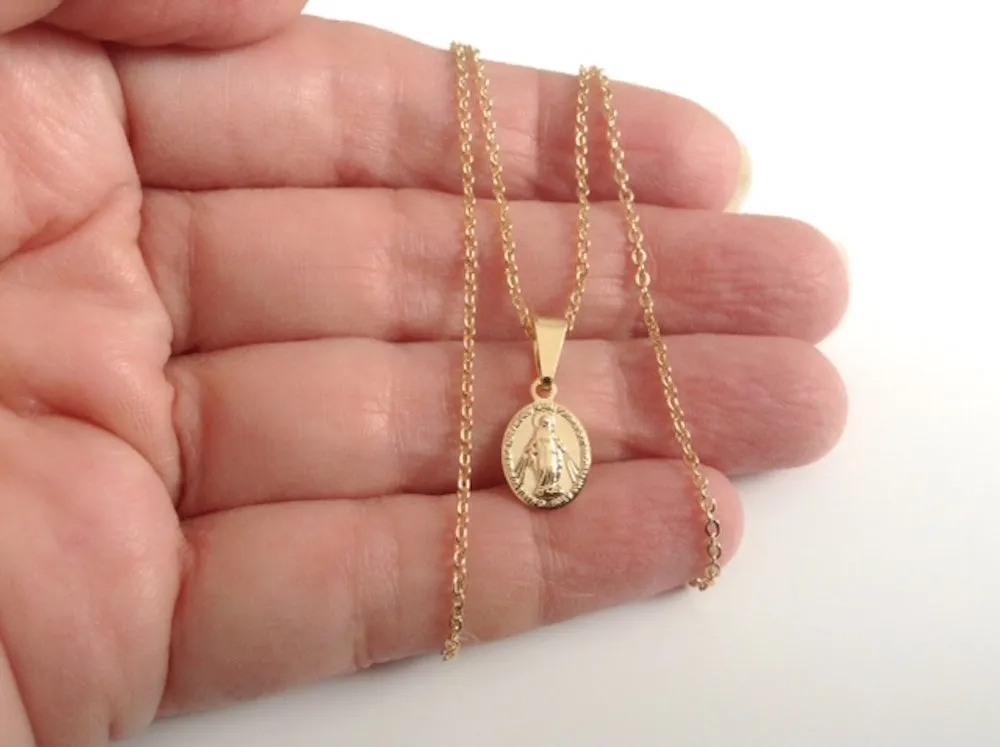 Tiny Gold Miraculous Medal Necklace for Women