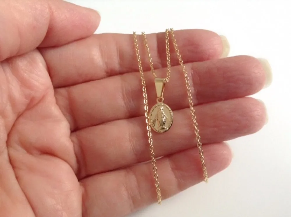 Tiny Gold Miraculous Medal Necklace for Women