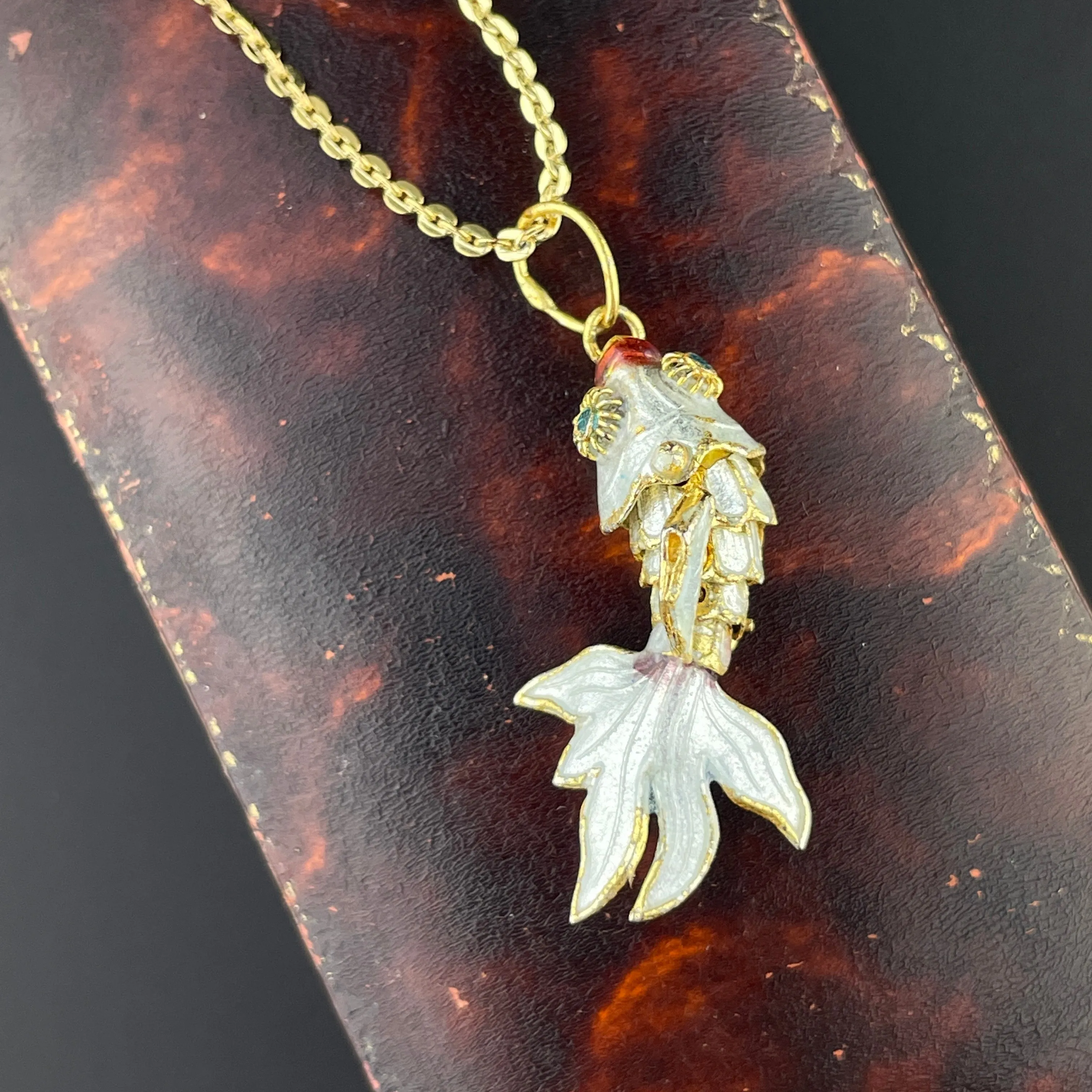 Vintage Articulated White Enamel Gold Vermeil Fish Pendant Necklace