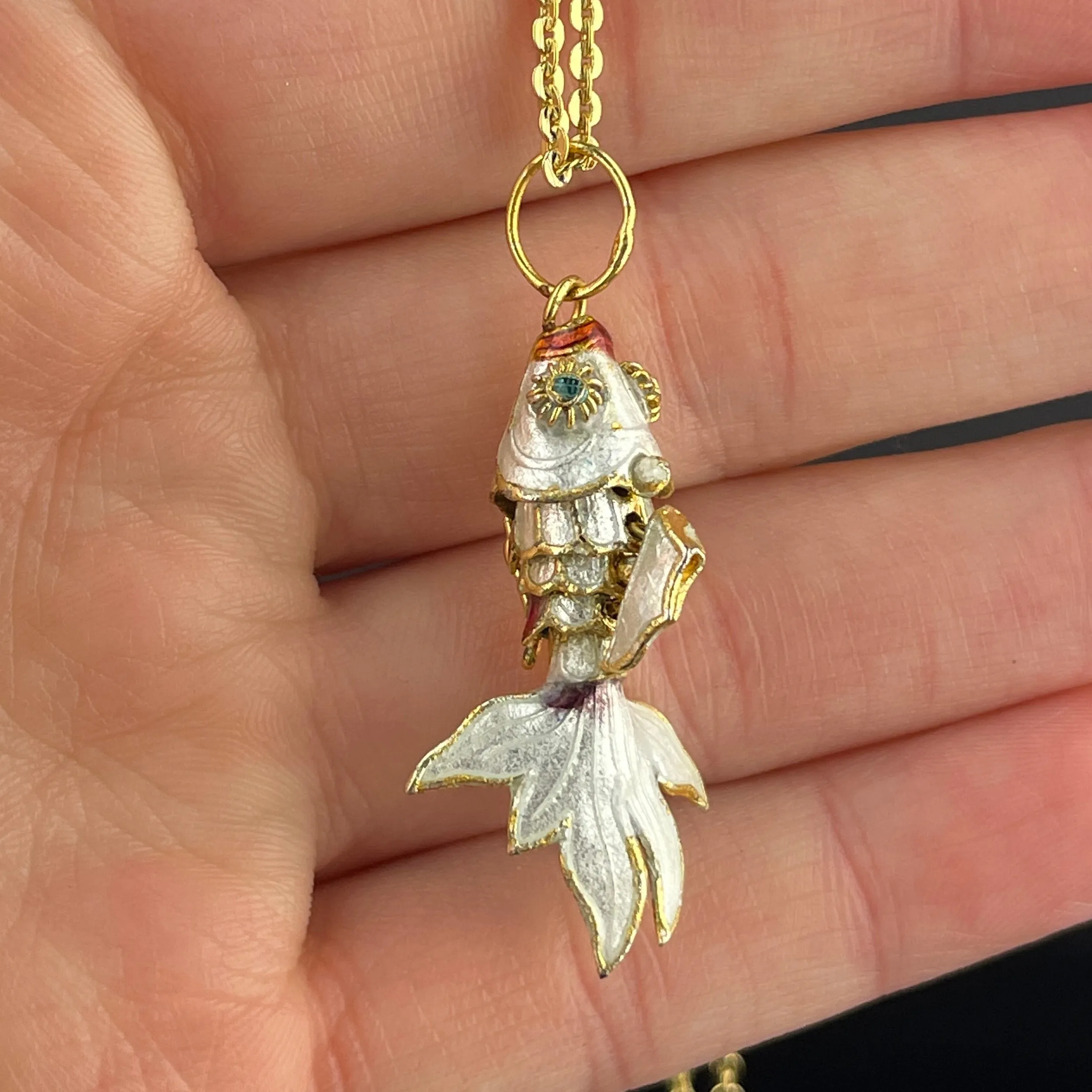 Vintage Articulated White Enamel Gold Vermeil Fish Pendant Necklace