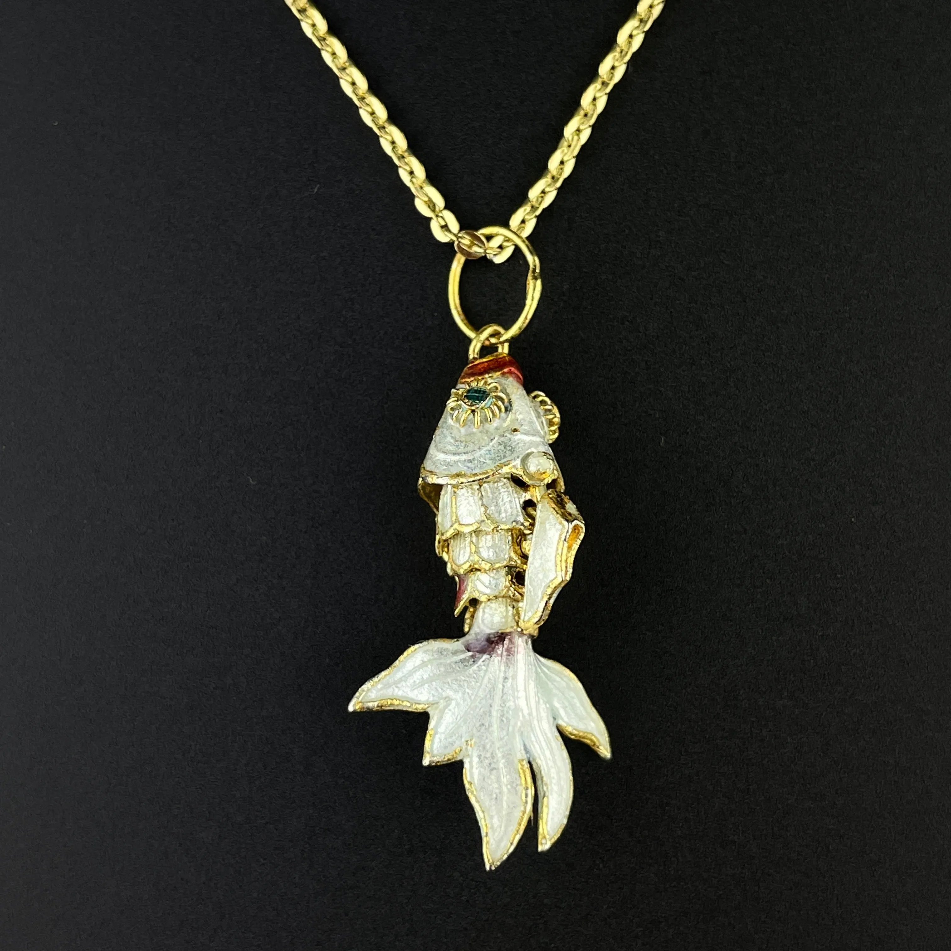 Vintage Articulated White Enamel Gold Vermeil Fish Pendant Necklace