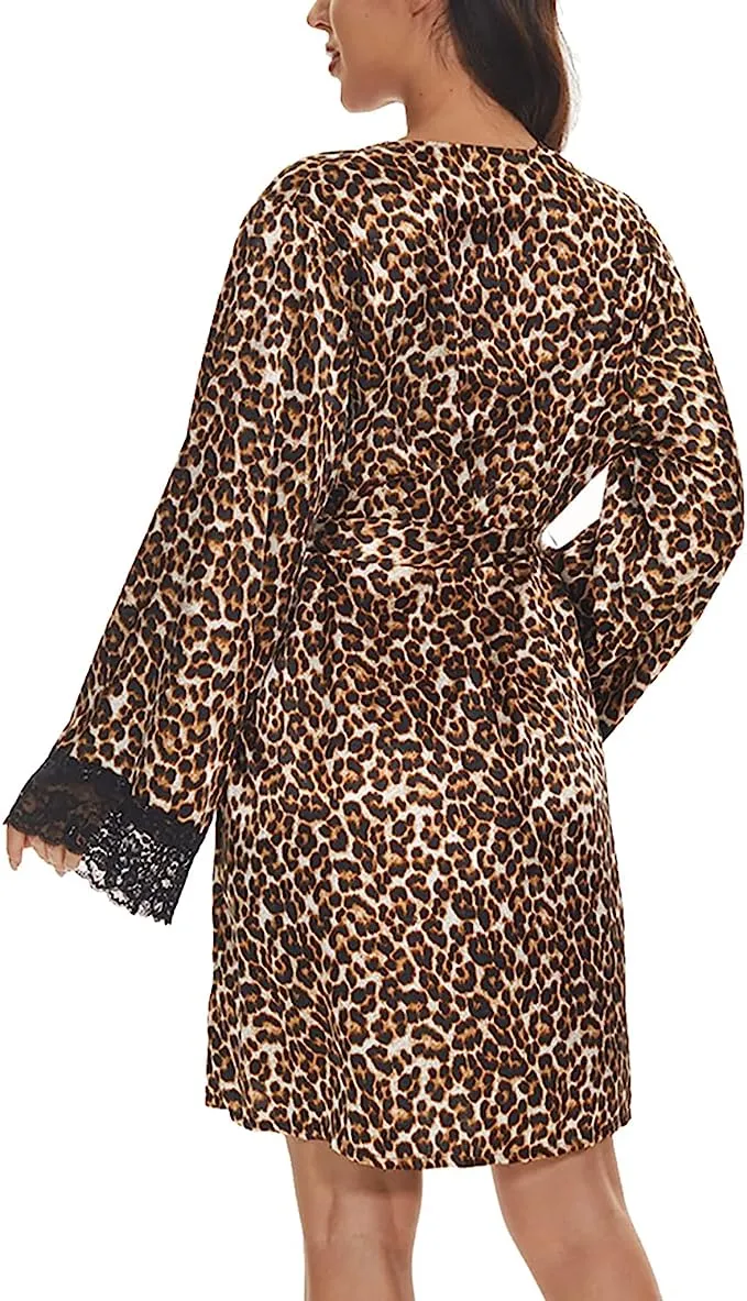 Women Leopard Robes Lace Sleeve Edge Satin Bathrobe for Bridesmaid Bride Party