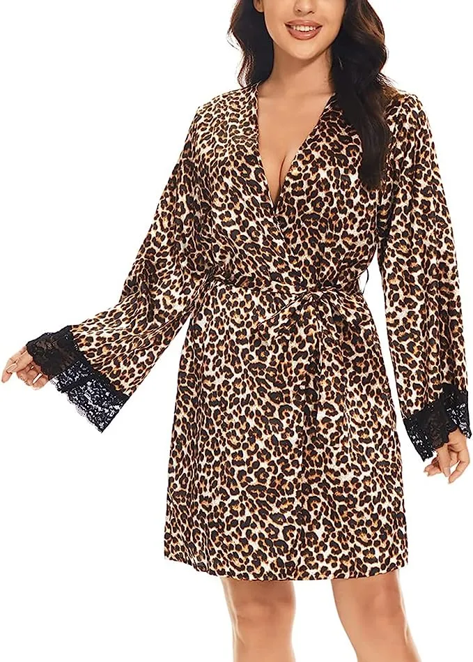 Women Leopard Robes Lace Sleeve Edge Satin Bathrobe for Bridesmaid Bride Party